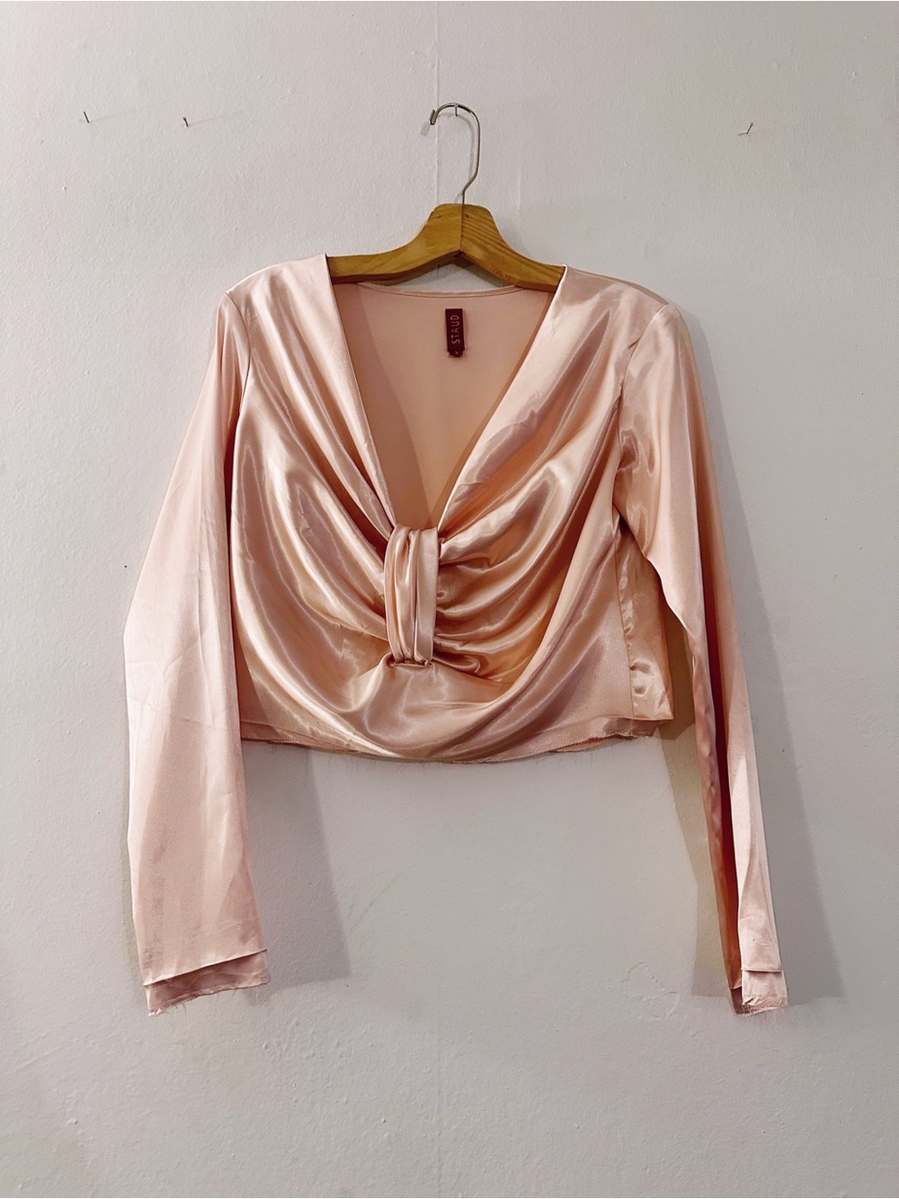 Staud Satin Long Sleeve Blouse Peach Pink Pinched Front Top - Picture 9 of 9